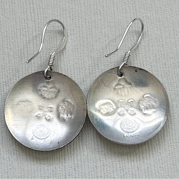 Native American Etched Symbols Sterling Silver Medallion Earrings - Picture 6 of 13